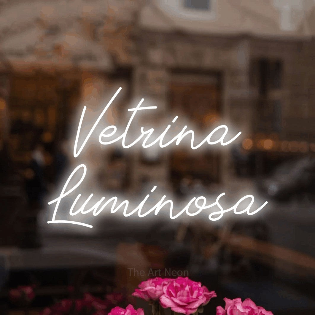 LED neon sign reading “Vetrina Luminosa”, arranged in 2 lines.