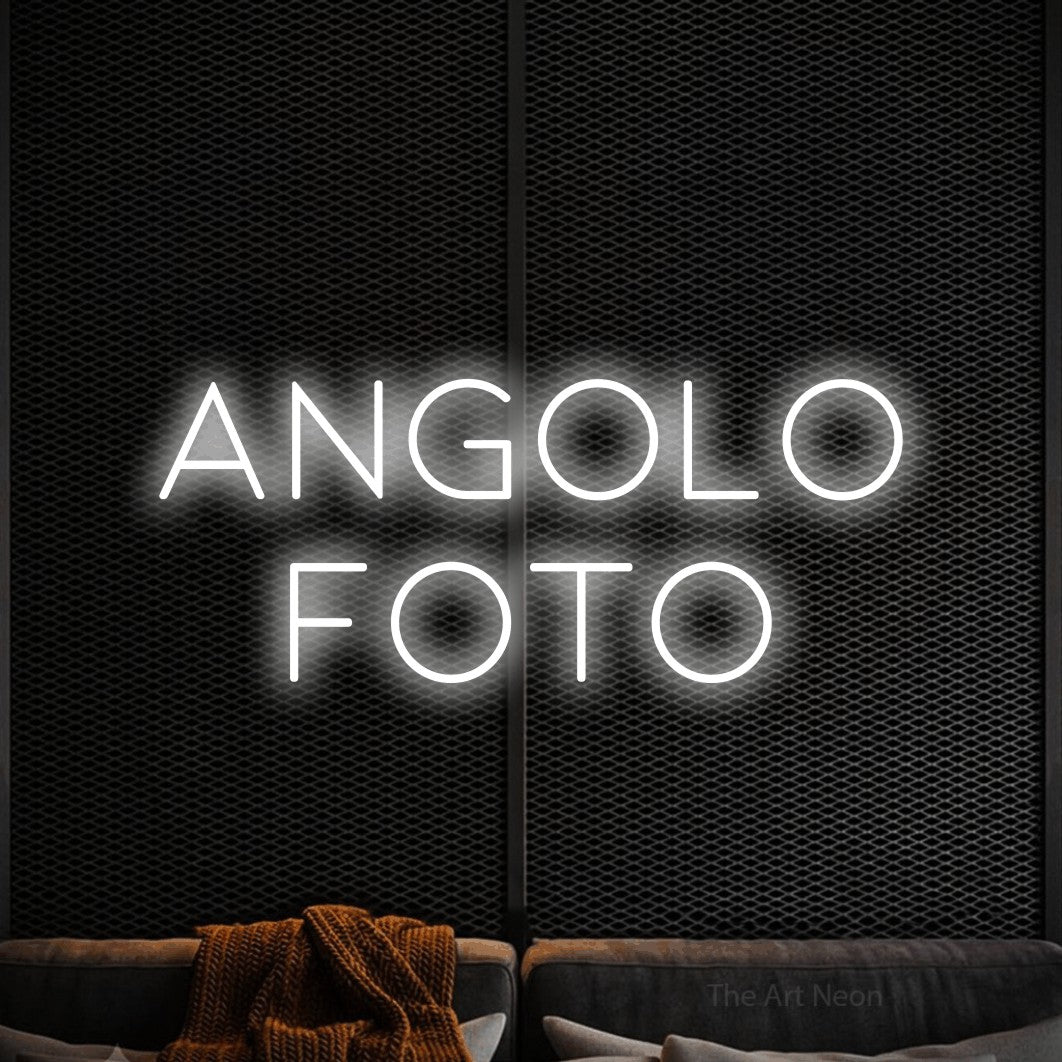 LED neon sign reading “Angolo Foto”, arranged in 2 lines.