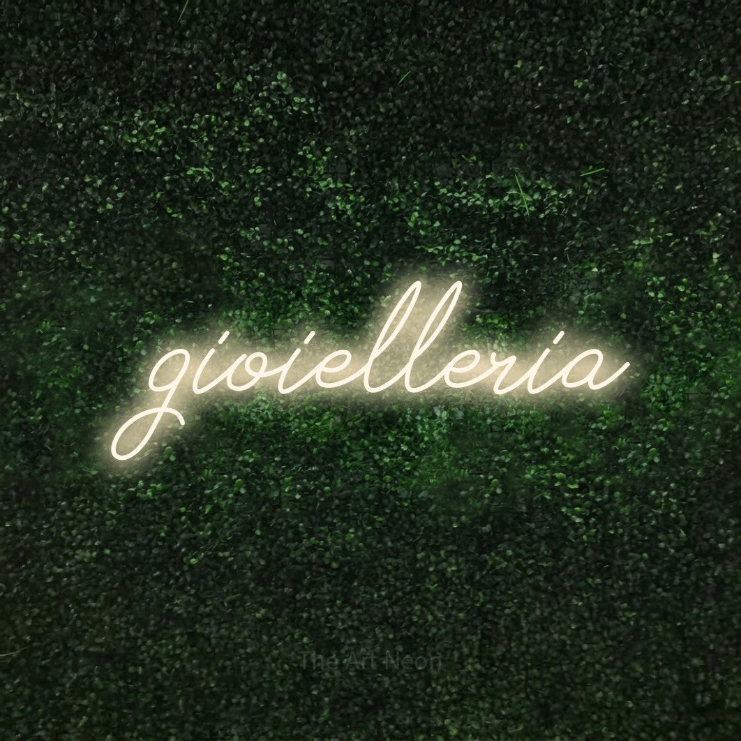LED neon sign reading “gioielleria”, arranged in a single line.