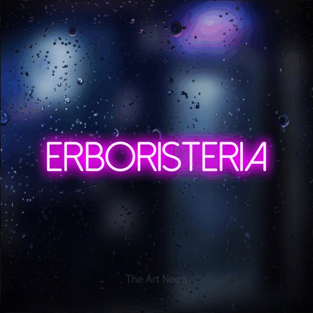 LED neon sign reading “ERBORISTERIA”, arranged in a single line.