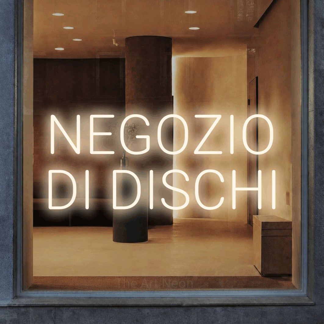 LED neon sign reading “NEGOZIO DI DISCHI”, arranged in 2 lines.