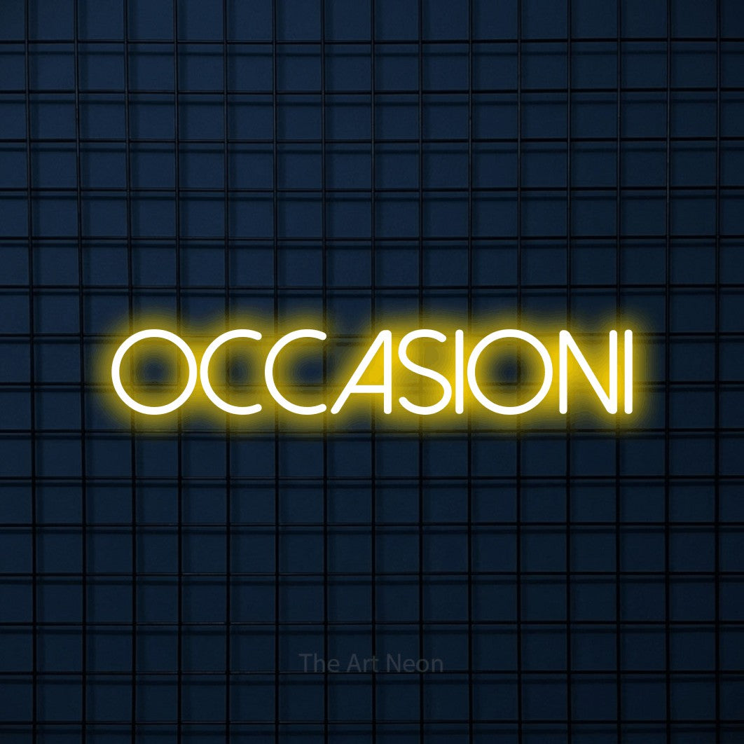 LED neon sign reading “OCCASIONI”, arranged in a single line.