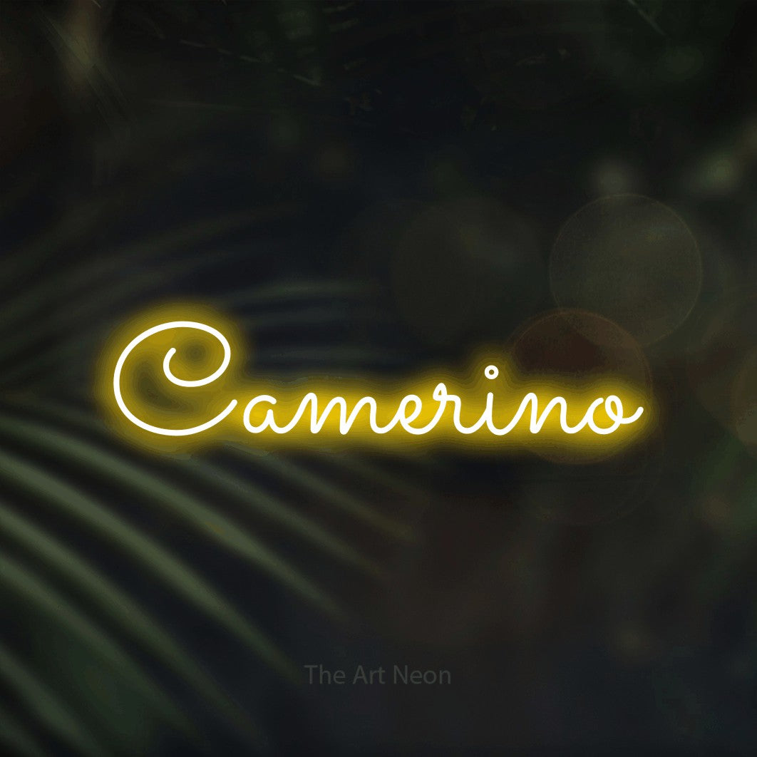 LED neon sign reading “Camerino”, arranged in a single line.