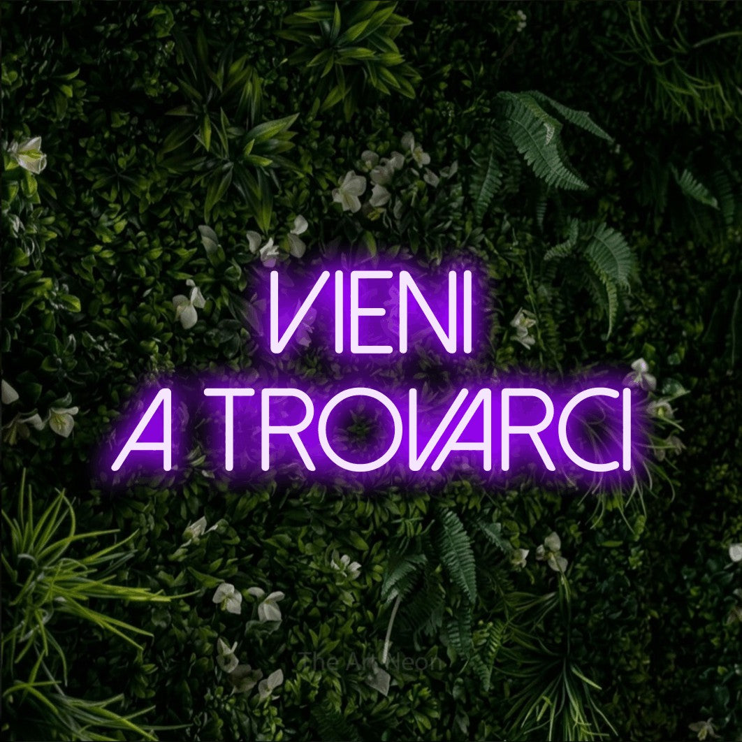 LED neon sign reading “Vieni a Trovarci”, arranged in 2 lines.
