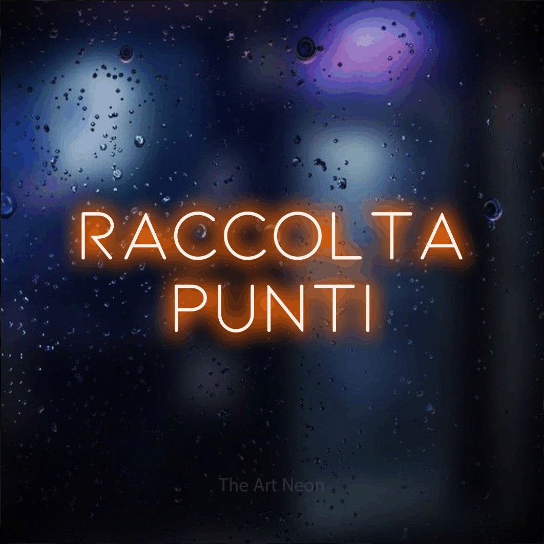 LED neon sign reading “RACCOLTA PUNTI”, arranged in 2 lines.