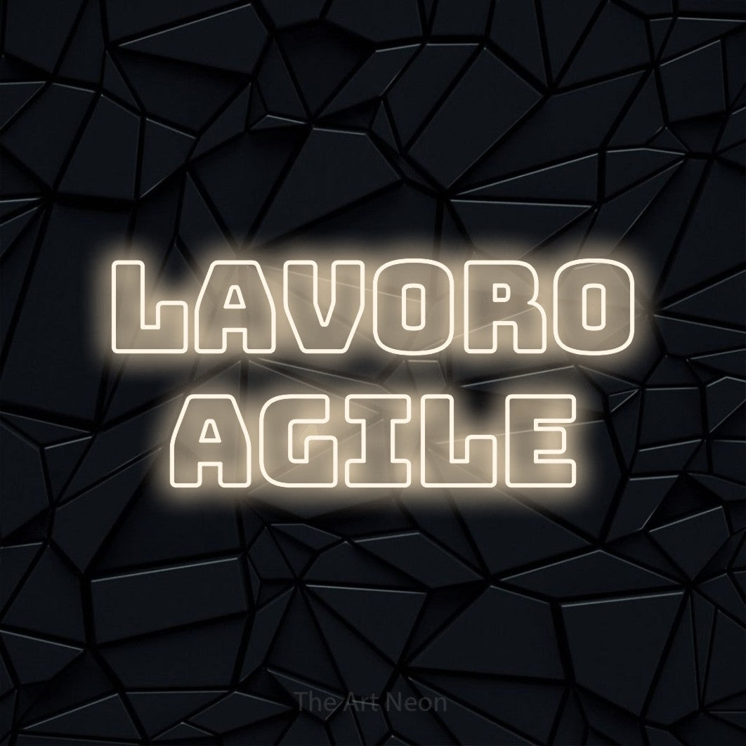 LED neon sign reading “lavoro agile”, arranged in 2 lines.