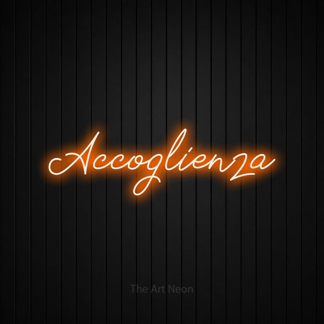 LED neon sign reading “Accoglienza”, arranged in a single line.