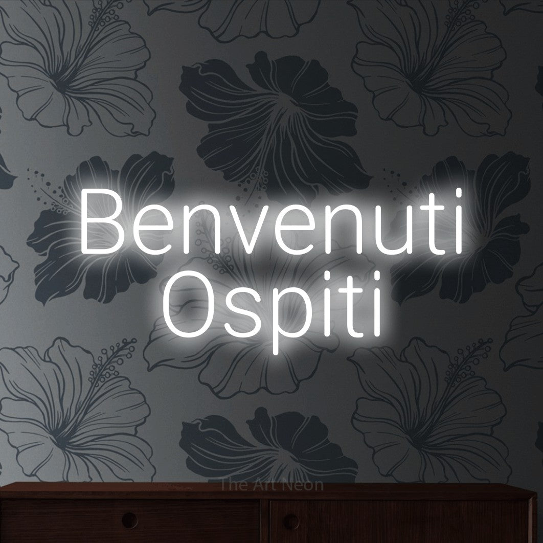 LED neon sign reading “Benvenuti Ospiti”, arranged in 2 lines.