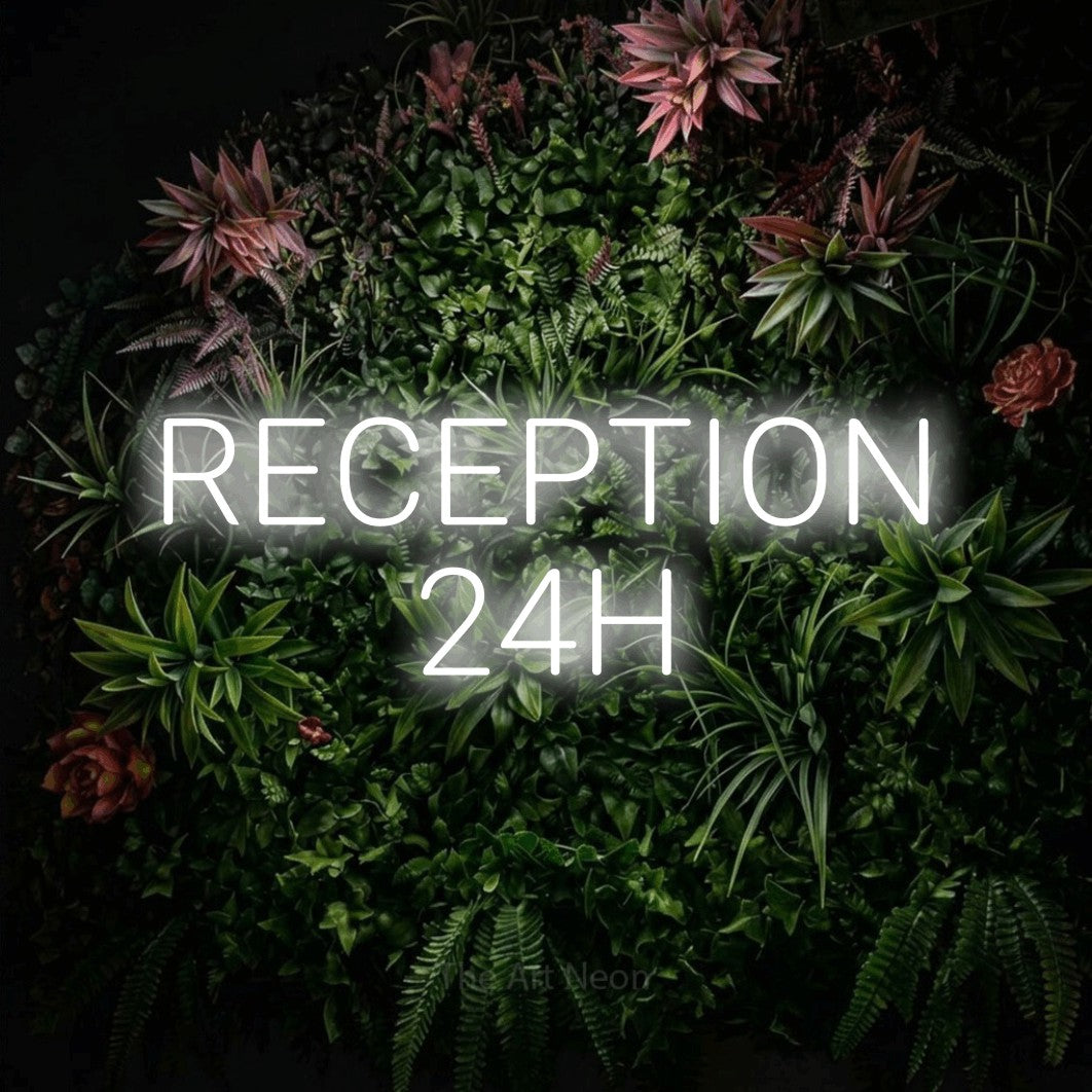 LED neon sign reading “RECEPTION 24H”, arranged in 2 lines.