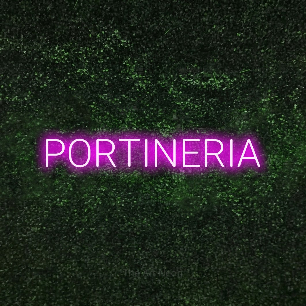 LED neon sign reading “PORTINERIA”, arranged in a single line.