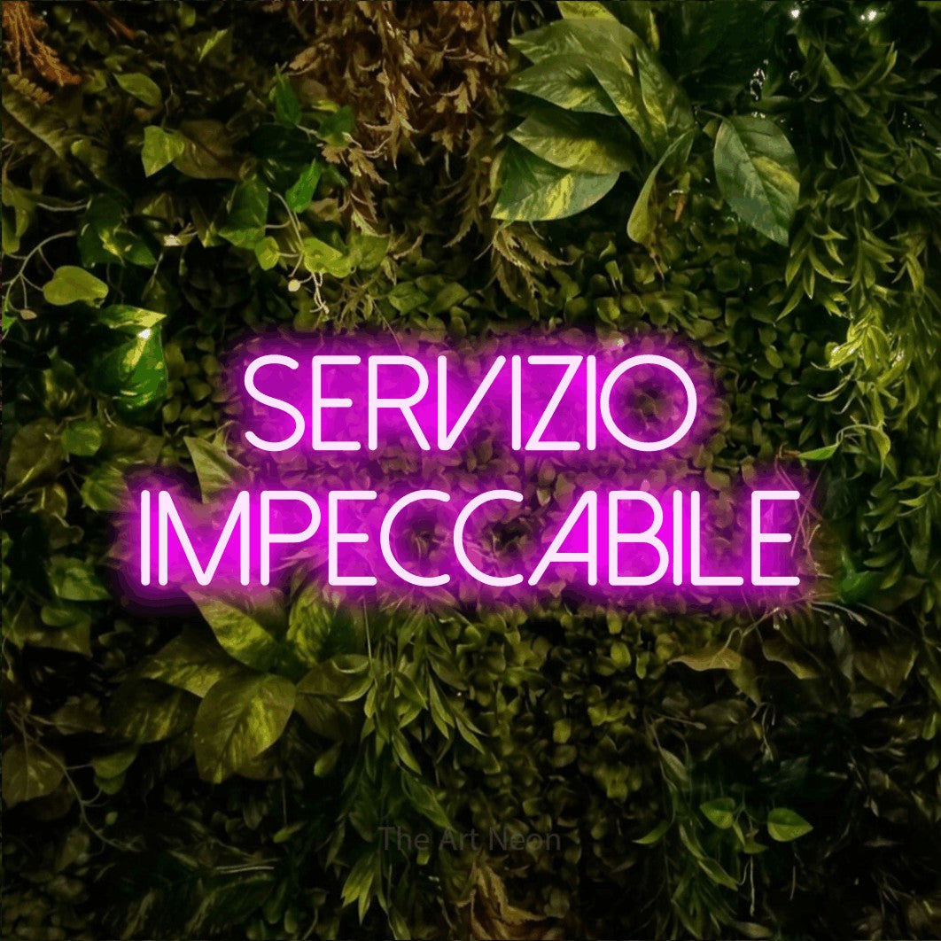 LED neon sign reading “SERVIZIO IMPECCABILE”, arranged in 2 lines.
