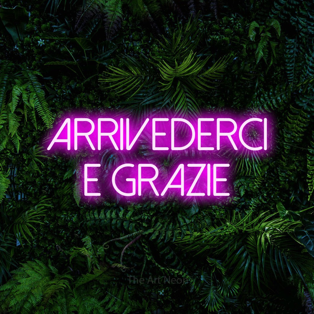 LED neon sign reading “ARRIVEDERCI e grazie”, arranged in 2 lines.