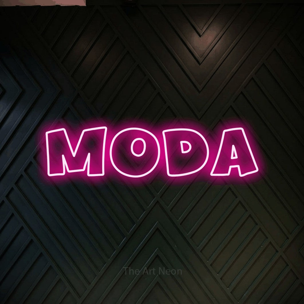 LED neon sign reading “Moda”, arranged in a single line.