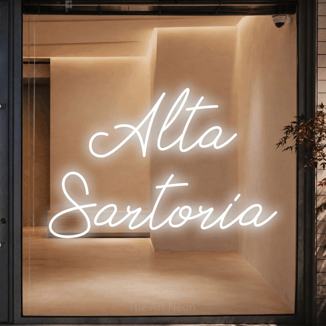 LED neon sign reading “Alta Sartoria”, arranged in 2 lines.