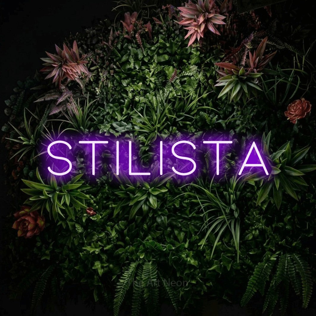 LED neon sign reading “Stilista”, arranged in a single line.