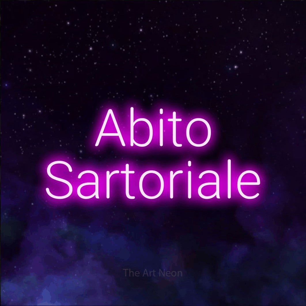 LED neon sign reading “Abito Sartoriale”, arranged in 2 lines.