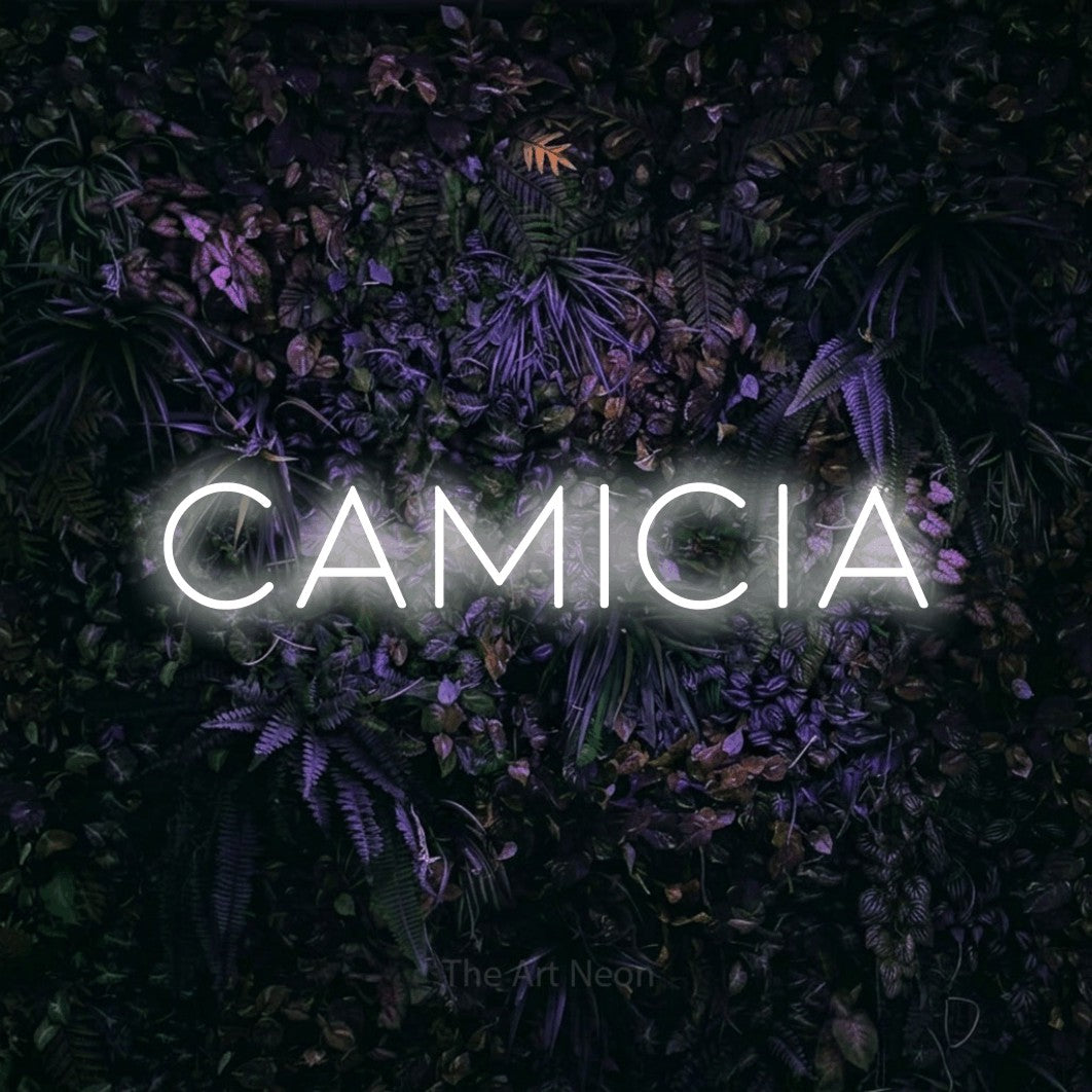 LED neon sign reading “Camicia”, arranged in a single line.