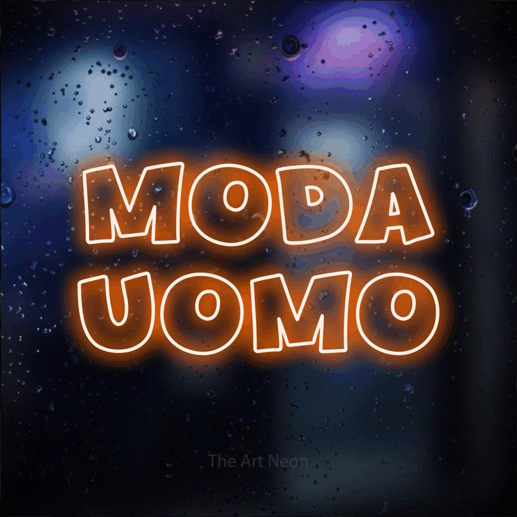 LED neon sign reading “moda uomo”, arranged in 2 lines.