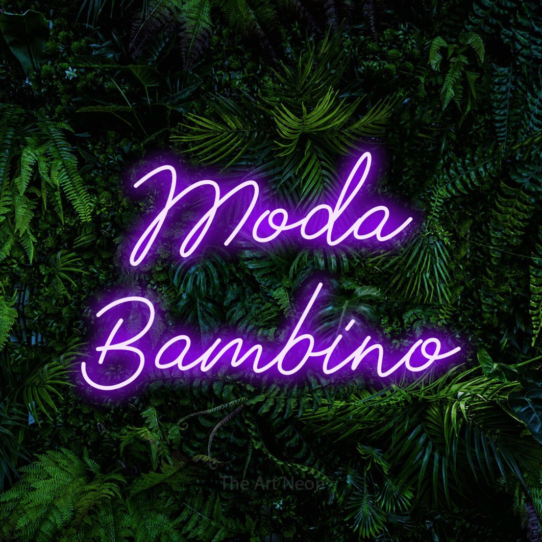 LED neon sign reading “Moda Bambino”, arranged in 2 lines.