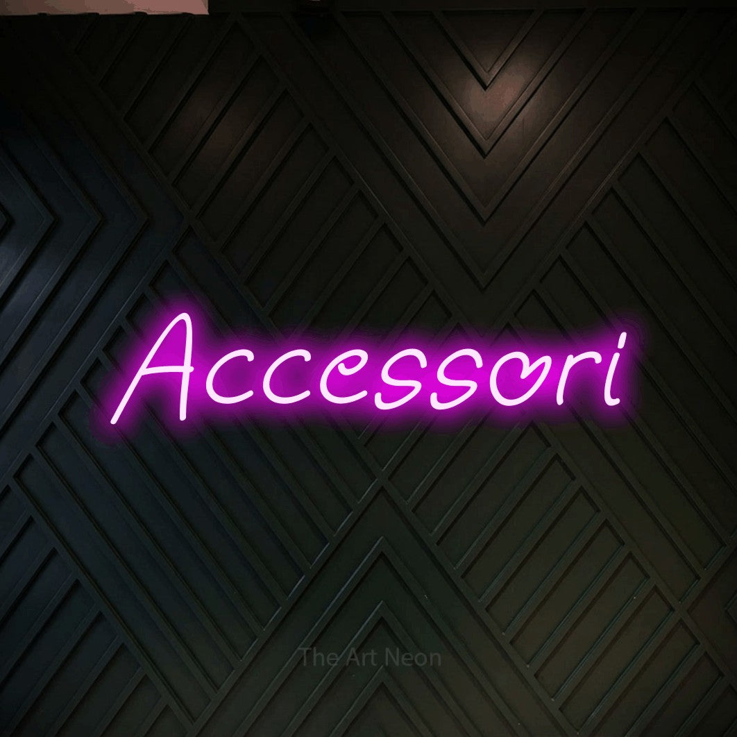 LED neon sign reading “Accessori”, arranged in a single line.