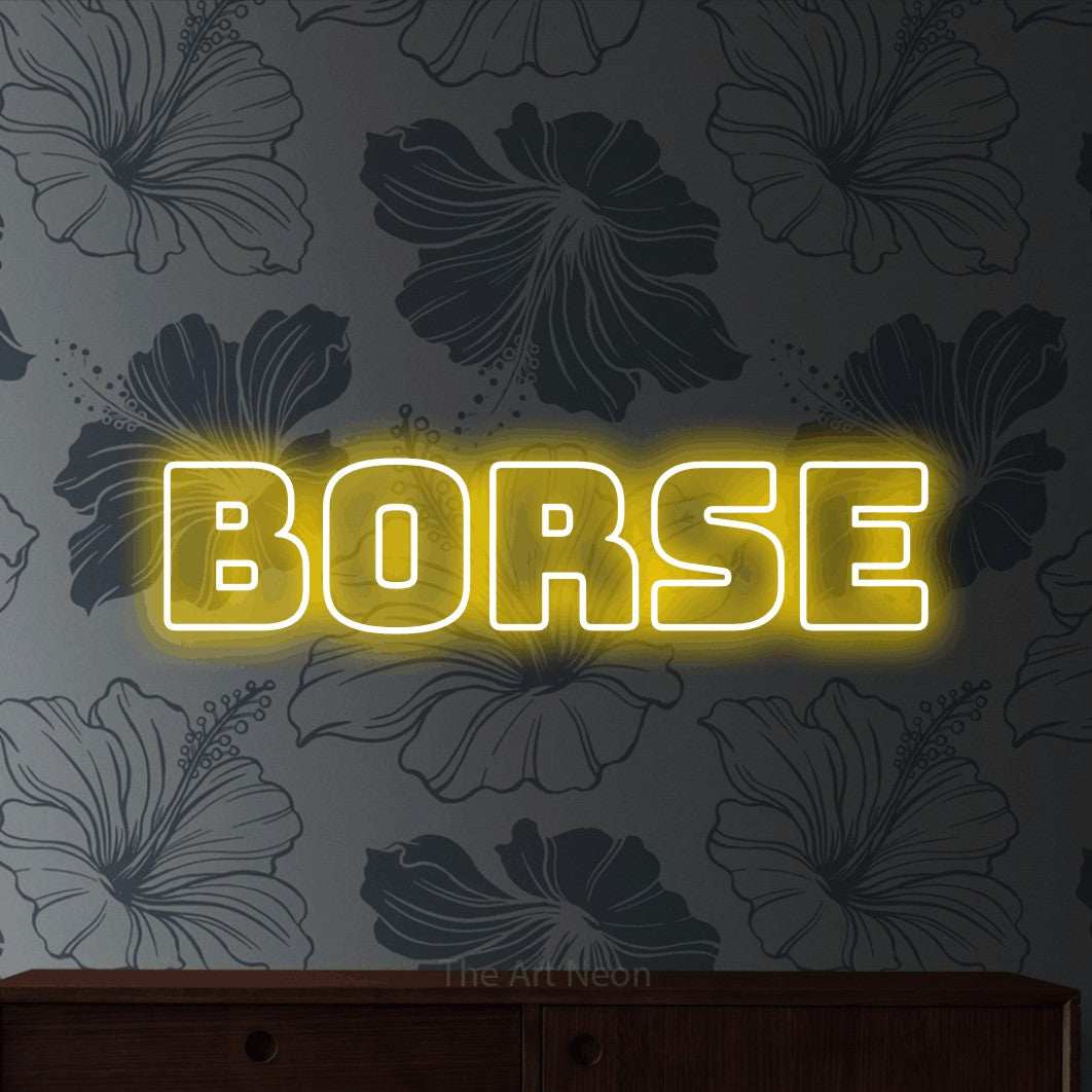 LED neon sign reading “borse”, arranged in a single line.