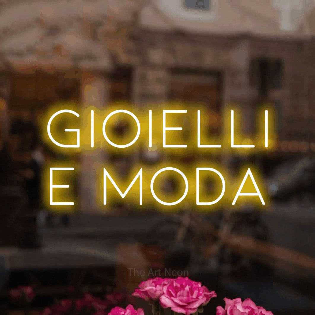 LED neon sign reading “Gioielli e Moda”, arranged in 2 lines.