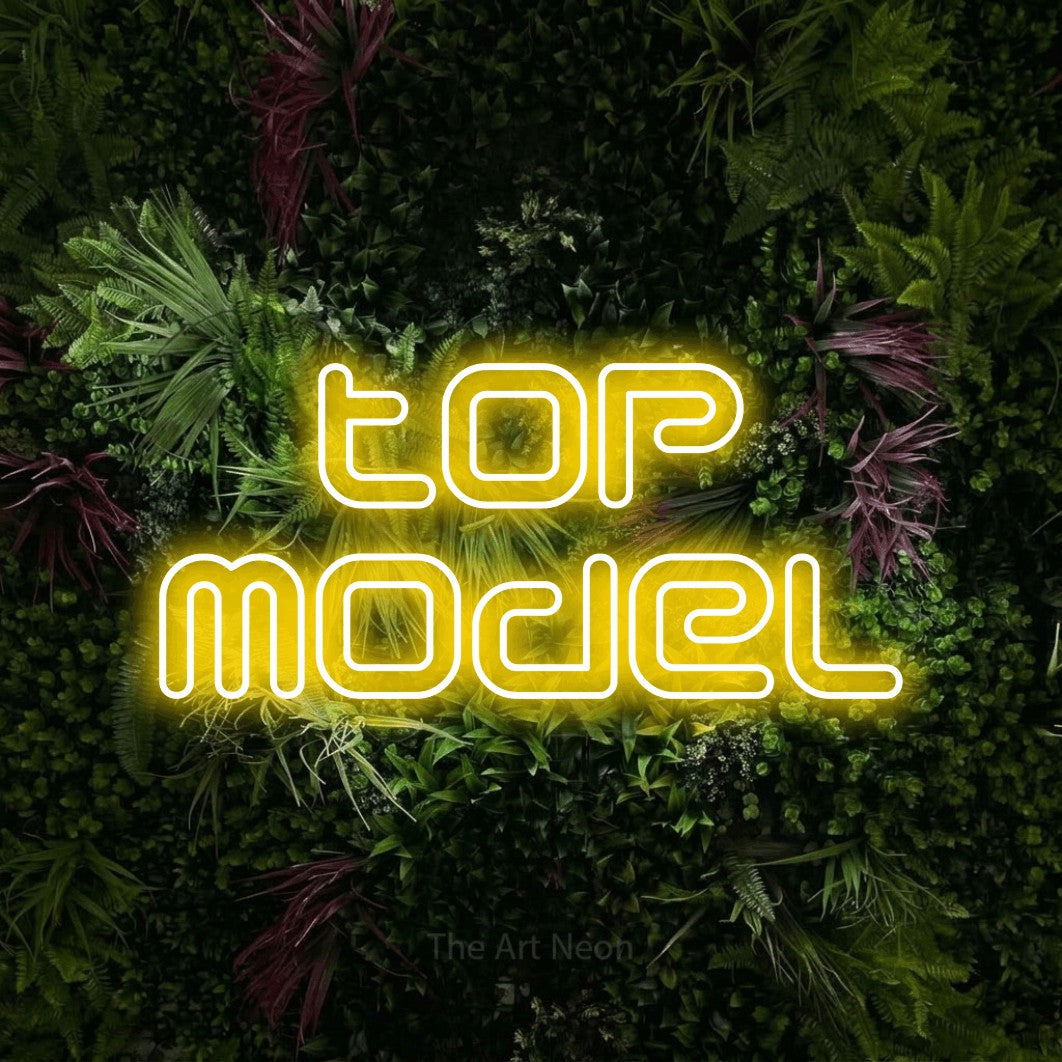 LED neon sign reading “top model”, arranged in 2 lines.