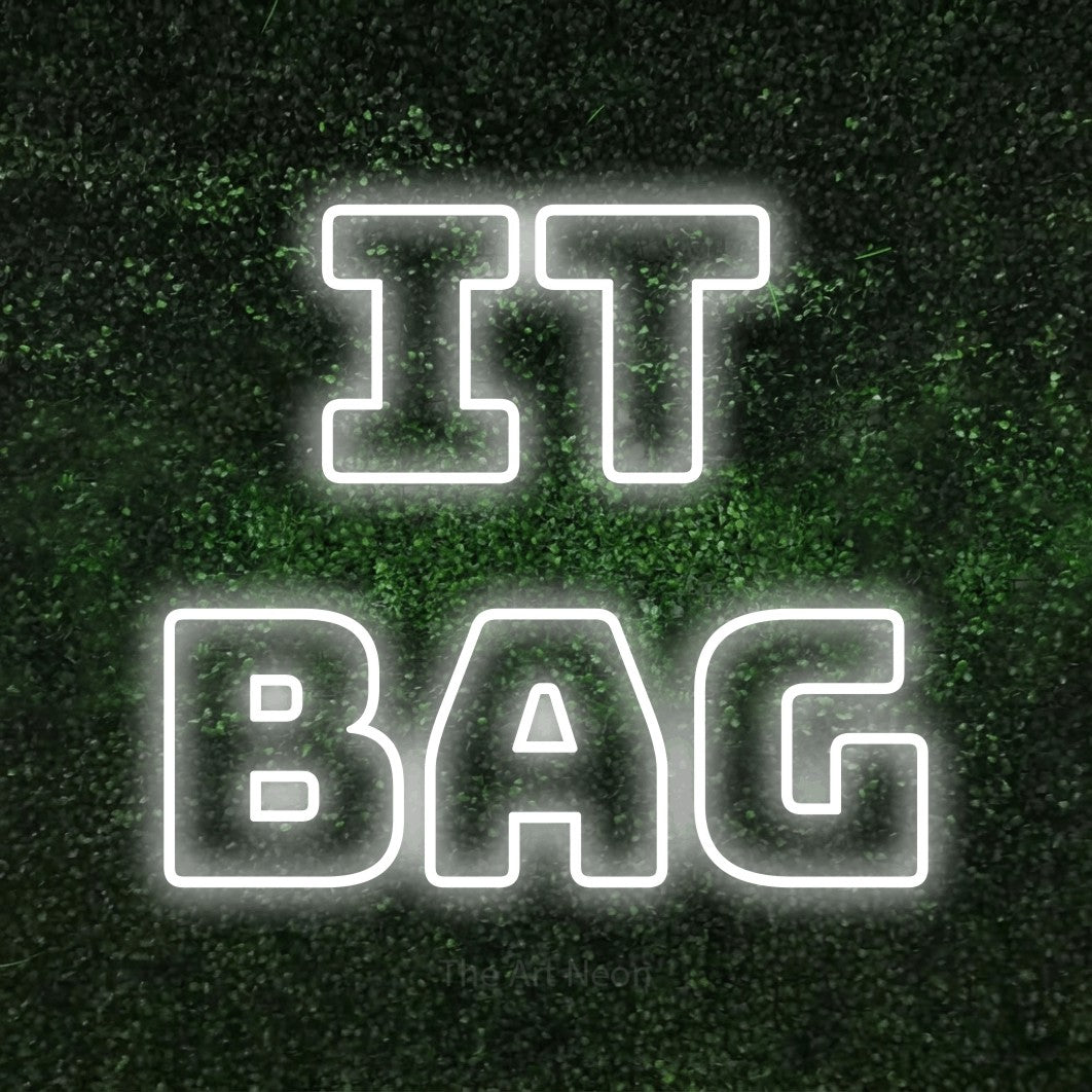 LED neon sign reading “IT BAG”, arranged in 2 lines.