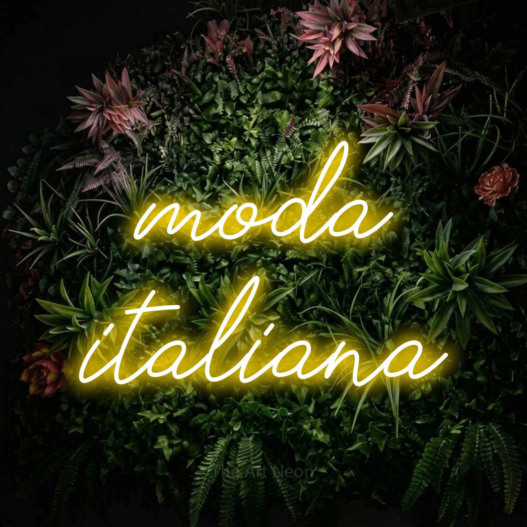LED neon sign reading “moda italiana”, arranged in 2 lines.