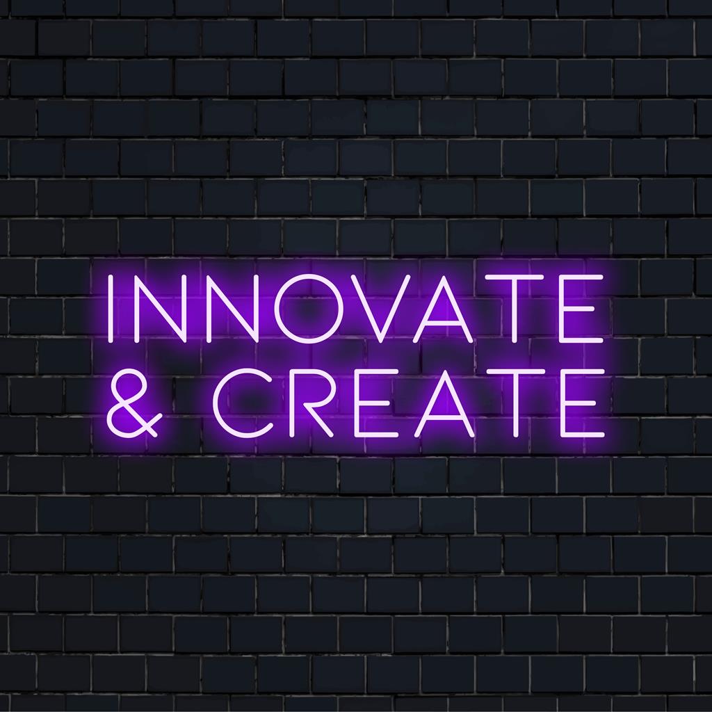 LED neon sign featuring the phrase 'Innovate and Create' in stylish lettering, perfect for inspiring creativity in any space.