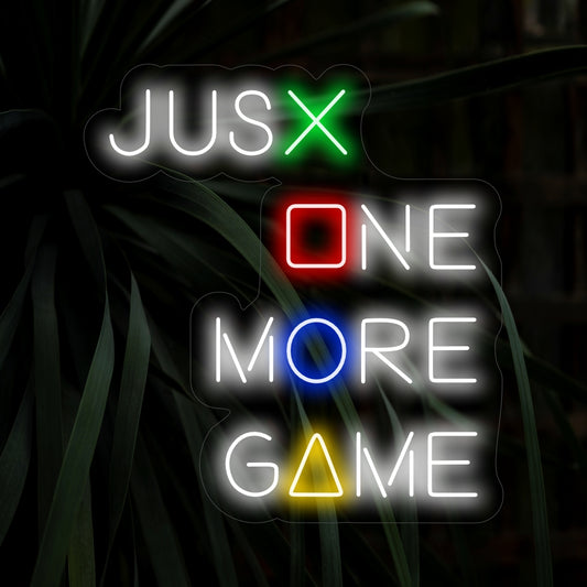 "Just One More Game Neon Sign" - Elevate your gaming space with this vibrant neon sign, enticing you to dive into the virtual world for just one more game.