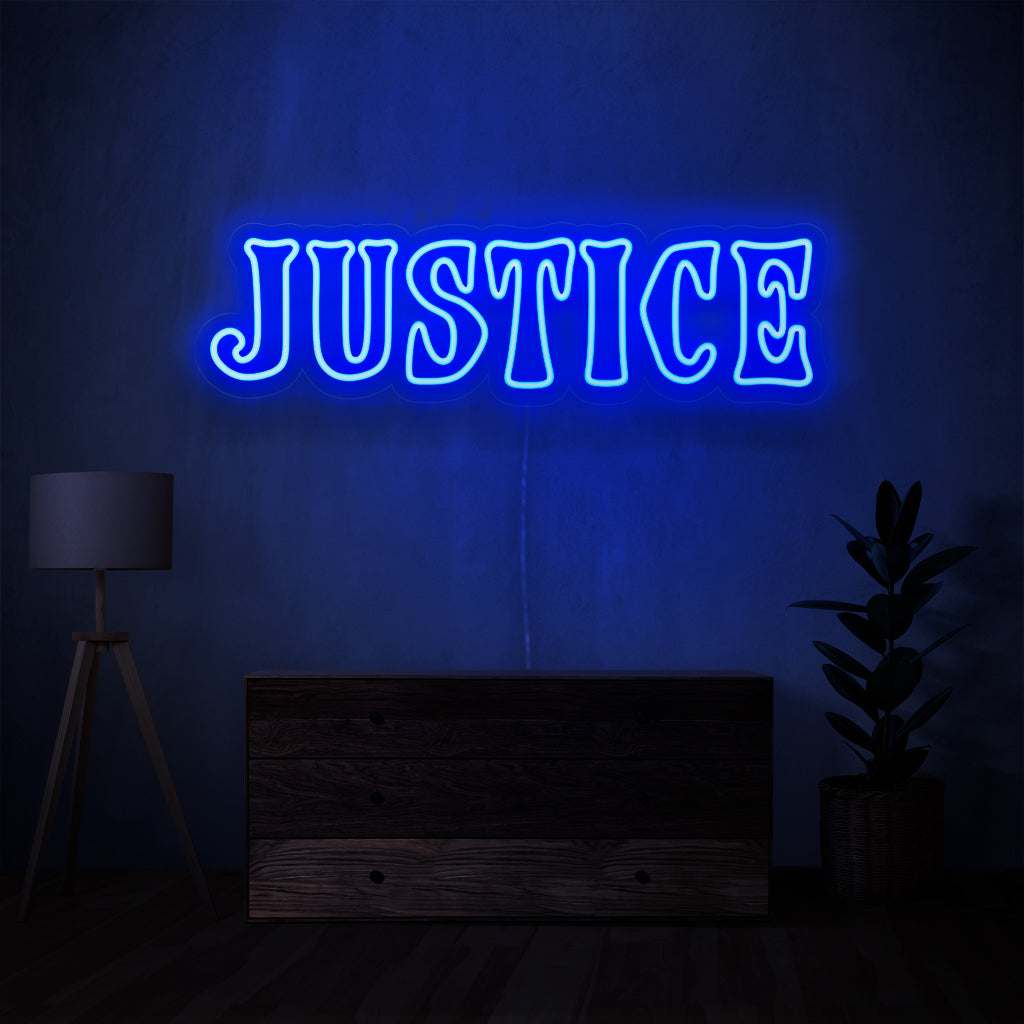 « Panneau néon Justice » - Illuminez votre espace avec le puissant symbole de la justice, créant une atmosphère d'équité et d'intégrité.