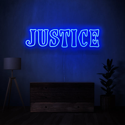 "Justice Neon Sign" - Illuminate your space with the powerful symbol of justice, creating an atmosphere of fairness and integrity.