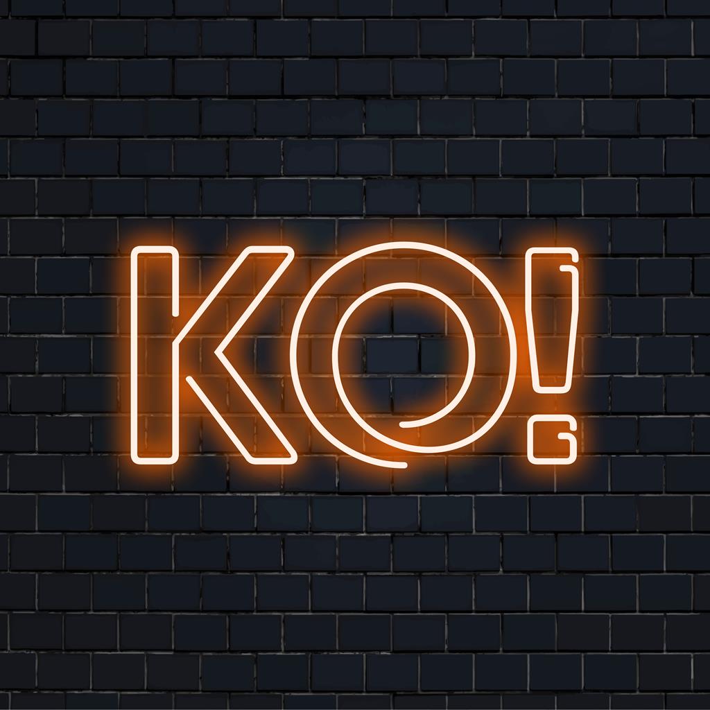 Custom KO! neon sign shining brightly, illuminating spaces with vibrant LED light, ideal for modern decor and artistic flair.