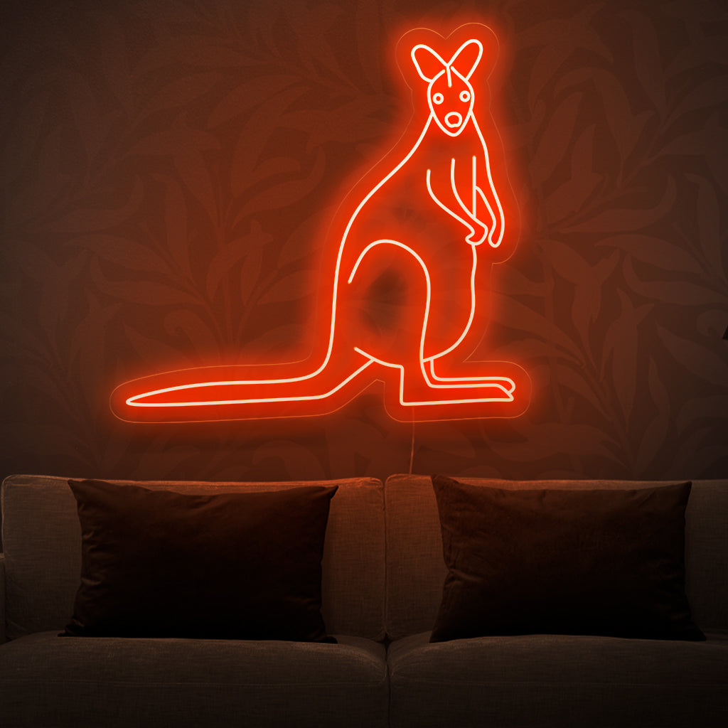 "Kangaroo Neon Sign" - Infuse your space with playful energy using this neon sign, showcasing a cheerful kangaroo in vibrant colors. Perfect for spaces that celebrate joy and liveliness.