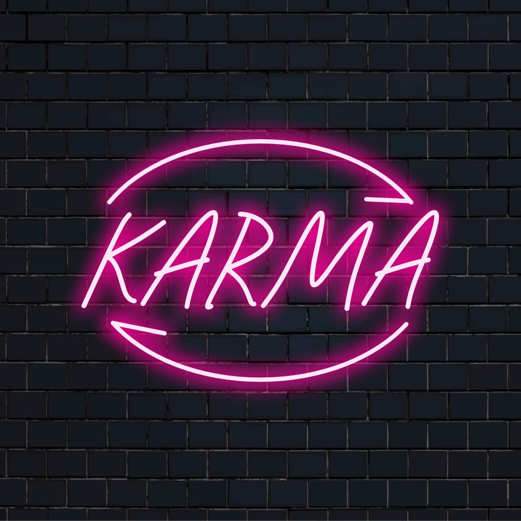 Insegna al neon a LED Karma Custom Made; vivace decorazione al neon personalizzata, perfetta per un'illuminazione d'interni unica e uno stile personalizzato.