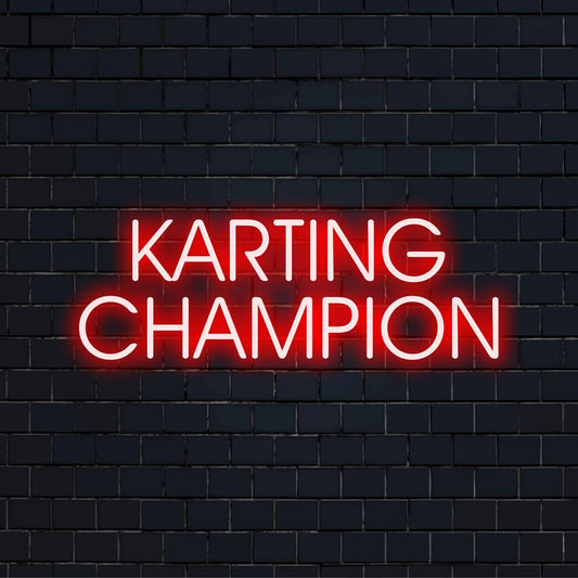 Custom LED neon sign spelling Karting Champion, vibrant light art for racing fans; unique neon decor for a dynamic display.