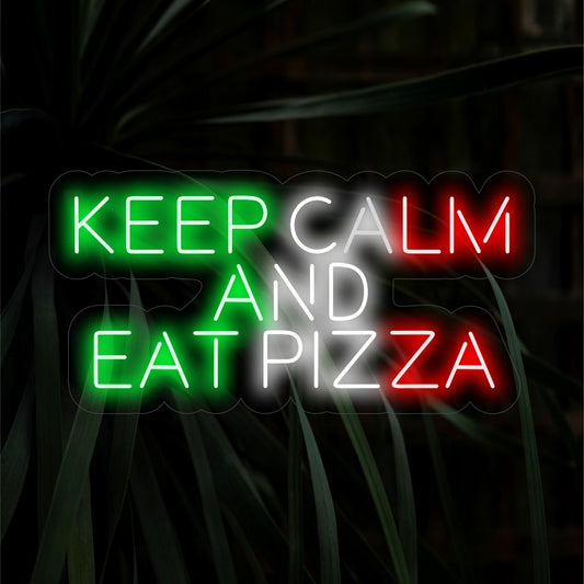 "Keep Calm And Eat Pizza Neon Sign" - Infuse a pizzeria or kitchen with a relaxed ambiance using this vibrant neon light. Ideal for creating a casual and inviting atmosphere.