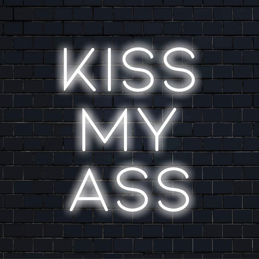 Vibrant custom LED neon sign displaying Kiss My Ass, perfect for adding a bold statement to any space. Neon light decor.