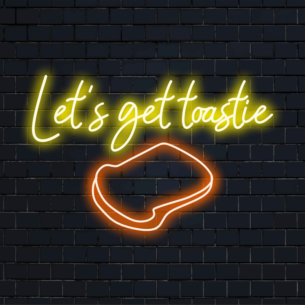 Let's Get Toastie neon sign, featuring handcrafted LED neon lettering for warm and inviting decor.