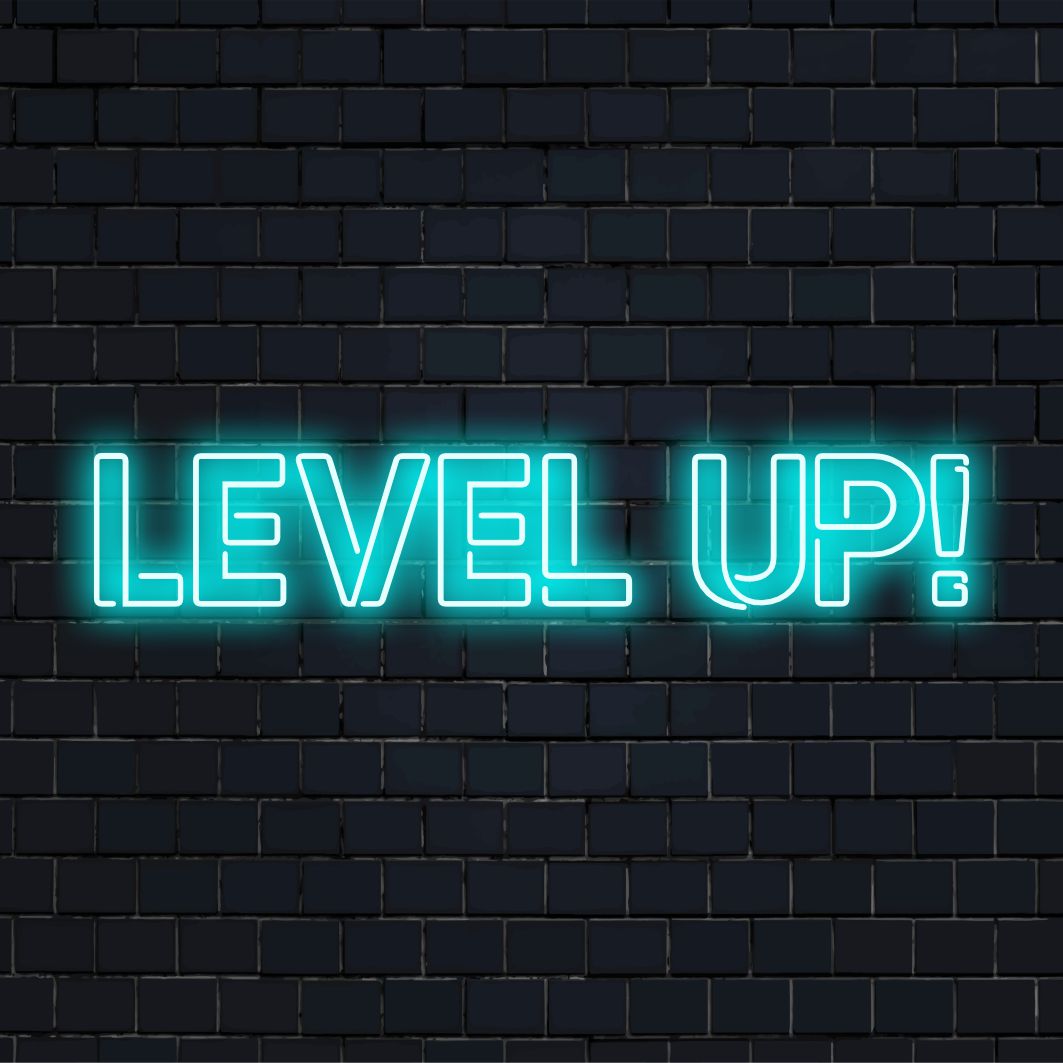 Neonowy znak LED z napisem Level Up!, idealny dla graczy, z żywą, niestandardową grafiką neonową i spersonalizowaną dekoracją świetlną.