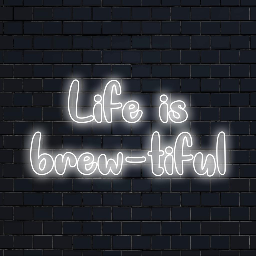 Life Is Brew-Tiful neon art featuring vibrant LED lights; perfect personalized decor for coffee lovers.