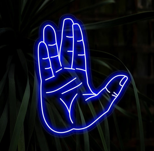  "Live Long And Successful Vulcan Salute Neon Sign" is a cosmic and aspirational addition for spaces seeking a touch of sci-fi wisdom. Illuminate with intergalactic vibes!