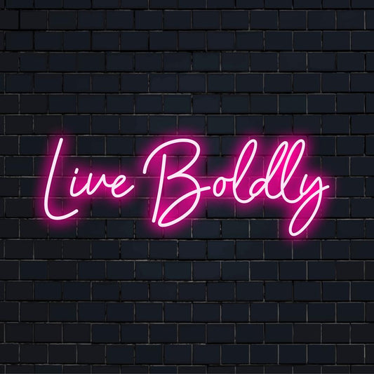 Vibrant custom LED neon sign with Live Boldly mantra; perfect for home decor or inspirational wall art.