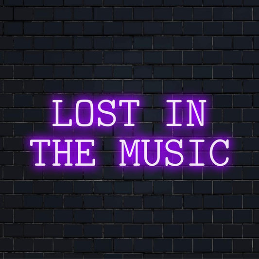 Vibrant Lost In The Music LED neon sign; perfect neon quote art for personalizing your space with unique illuminated flair.