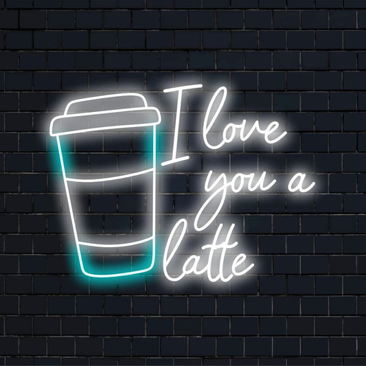 Custom LED neon sign with the words Love You A Latte glowing in vibrant colors, perfect for unique decor ambiance.