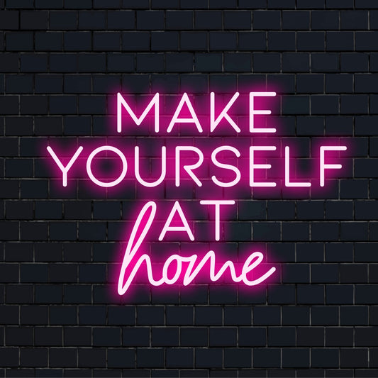 Semn de neon cu LED personalizat cu scriere Make Yourself at Home, perfect pentru decorul casei. Lumină de neon elegantă care adaugă o atmosferă primitoare.