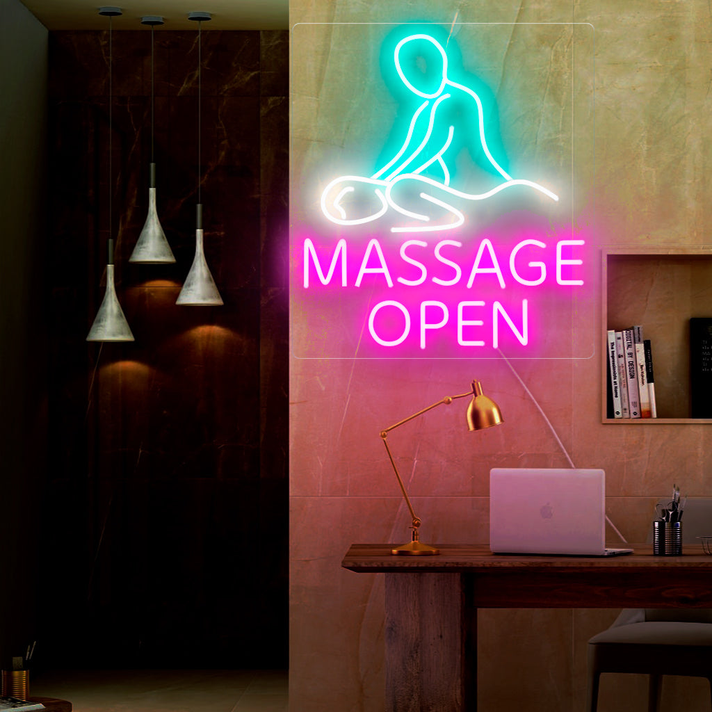 "Massage Open Neon Sign" is an inviting and soothing addition, perfect for signaling an open massage or spa service. Illuminate with relaxation and tranquility!