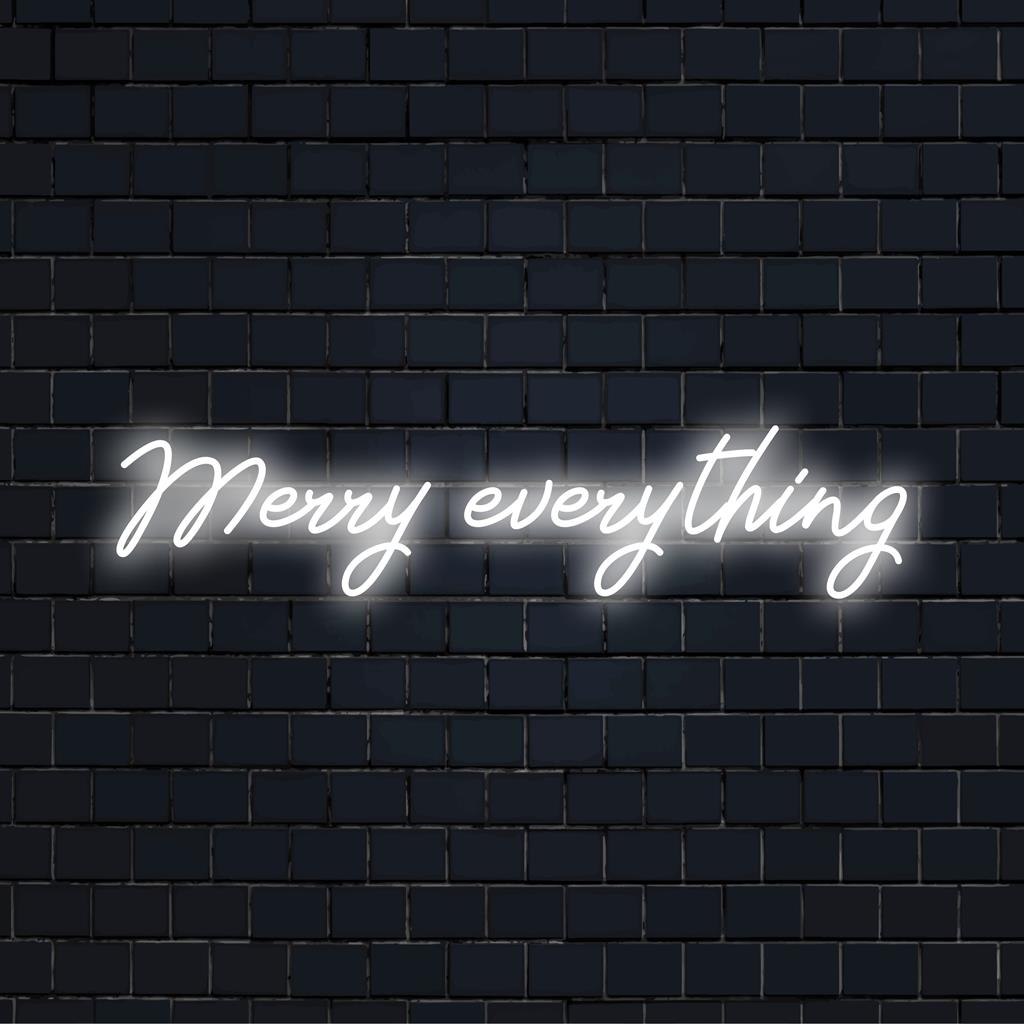 Festive LED neon sign that glows Merry Everything in cheerful colors; perfect neon wall art for holiday decor.