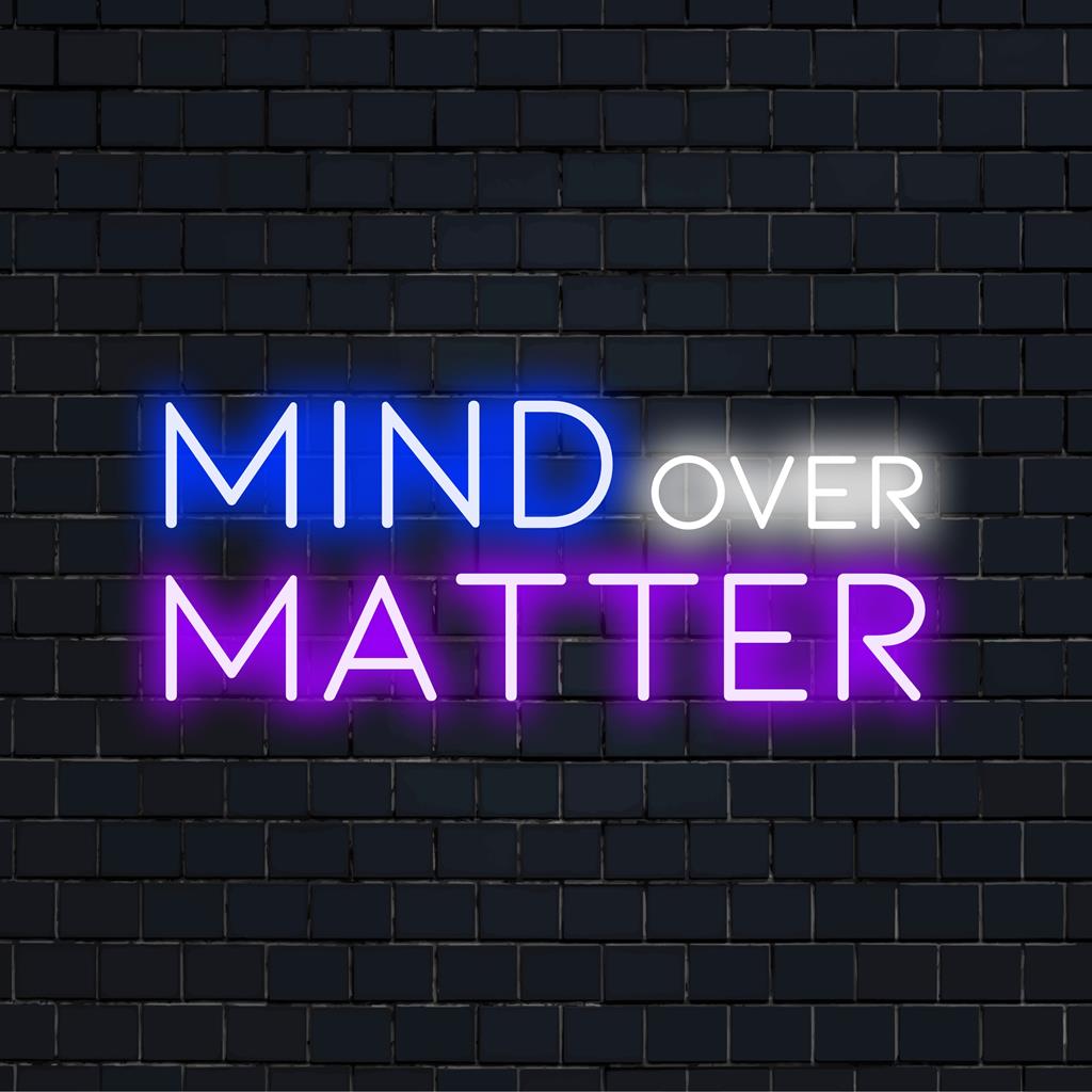 Vibrant multicolored LED neon sign Mind Over Matter. Perfect for decor with a personalized motivational message.